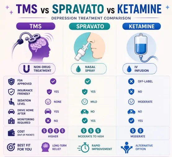 TMS, Spravato, Ketamine comparison chart